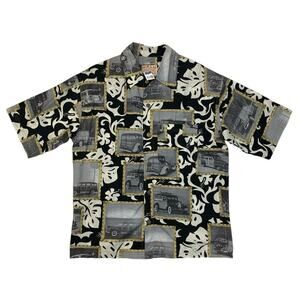 Nalu Shirt Mens L Large Black Floral Short Sleeve Hawaiian Surf Mobile Graphic